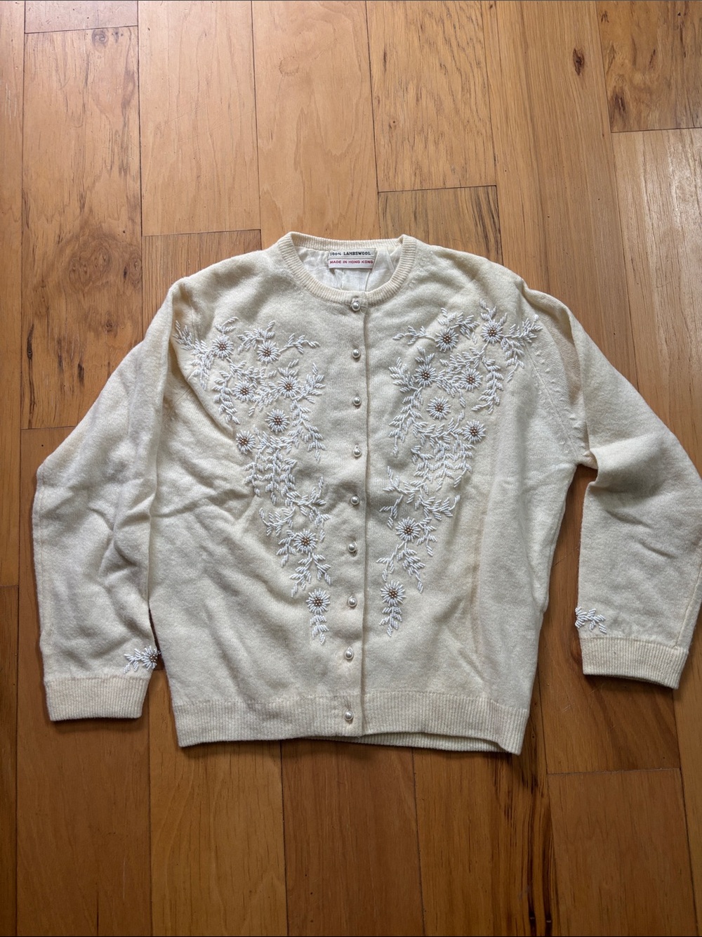Vintage Beaded lambs wool sweater with pearl buttons. Size Small.